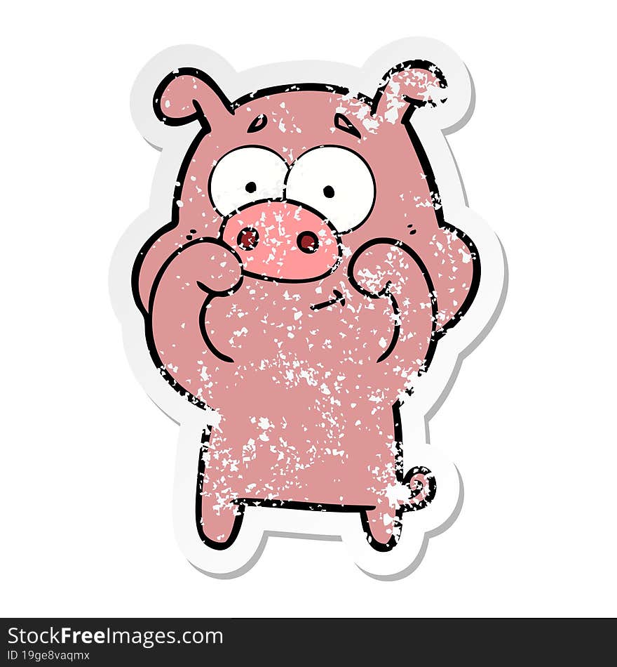 distressed sticker of a happy cartoon pig