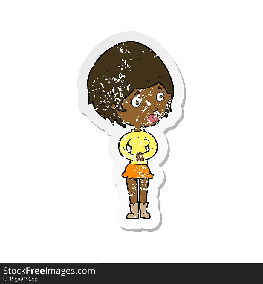 retro distressed sticker of a cartoon concerned woman