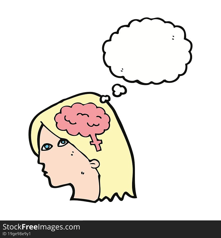 cartoon female head with brain symbol with thought bubble