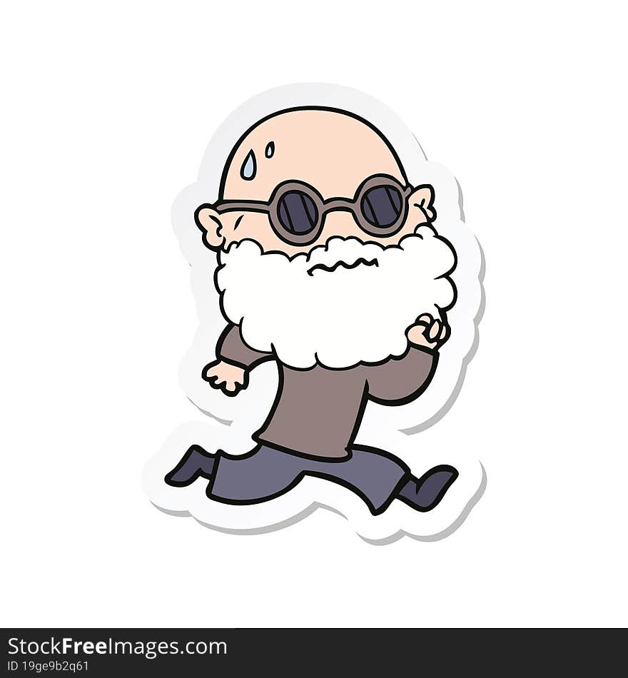 sticker of a cartoon running man with beard and sunglasses sweating