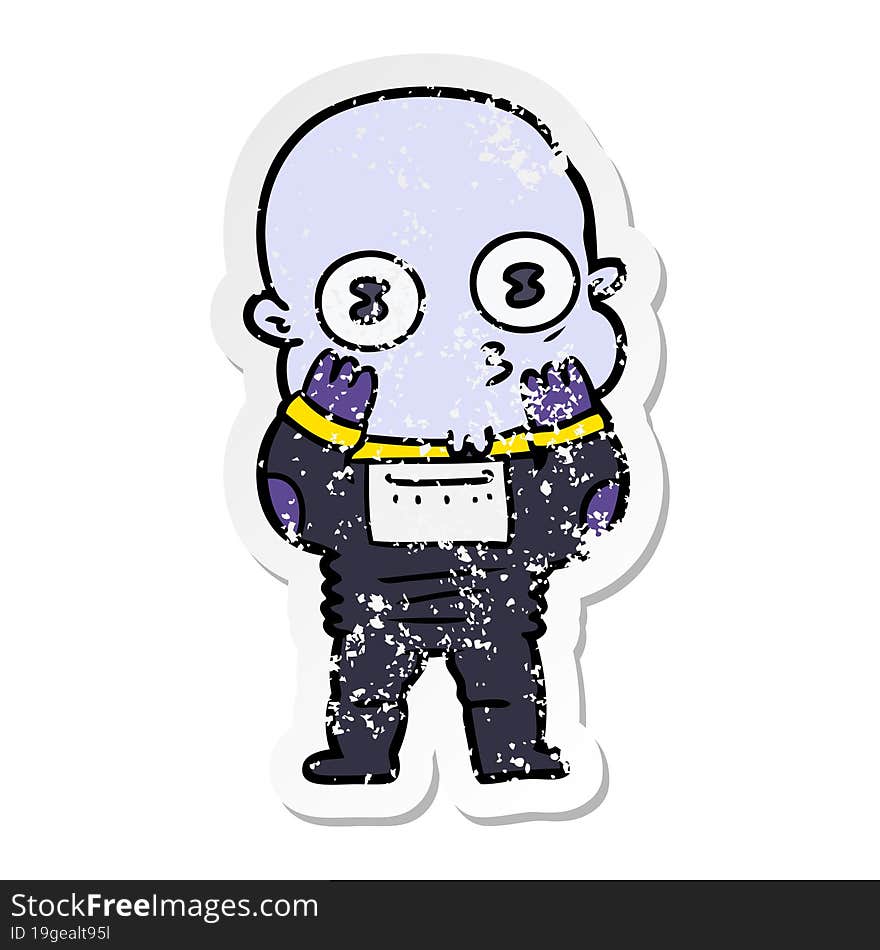 Distressed Sticker Of A Cartoon Weird Bald Spaceman