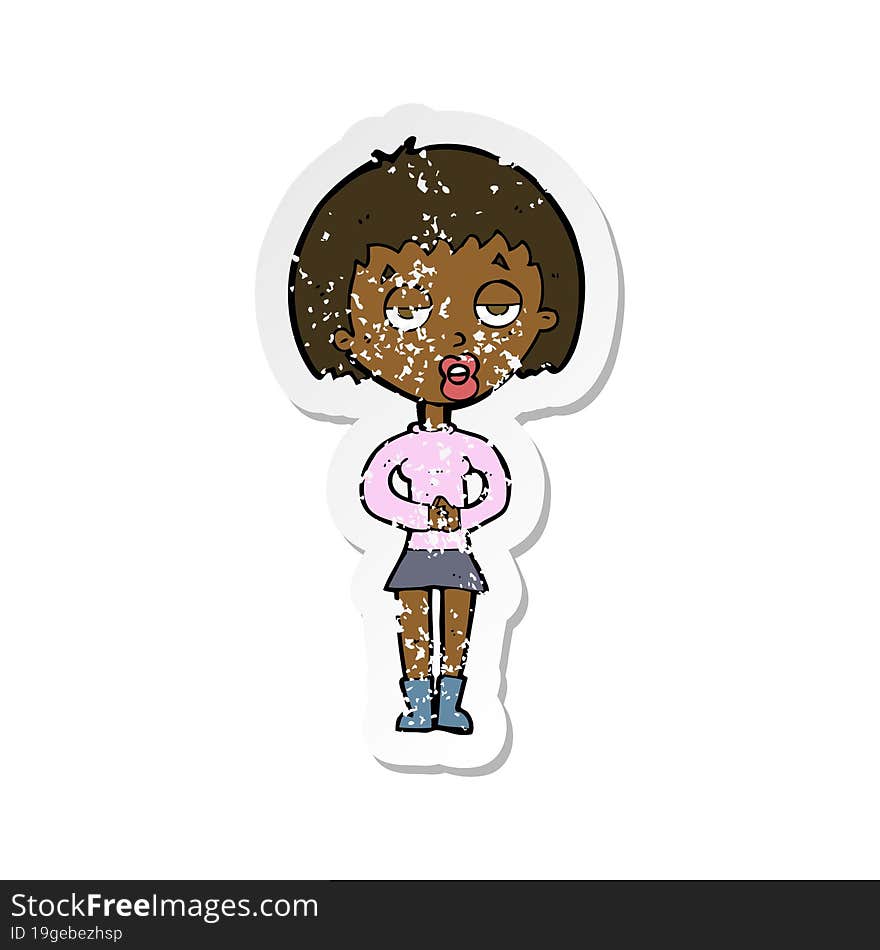 retro distressed sticker of a cartoon bored woman waiting