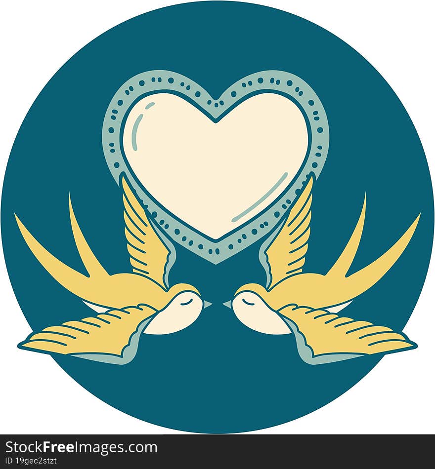 iconic tattoo style image of swallows and a heart. iconic tattoo style image of swallows and a heart