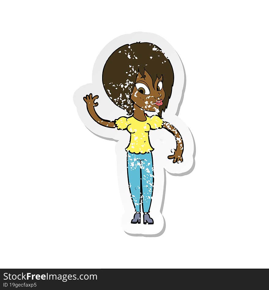 retro distressed sticker of a cartoon woman waving