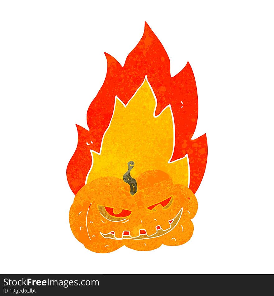 freehand drawn retro cartoon flaming halloween pumpkin