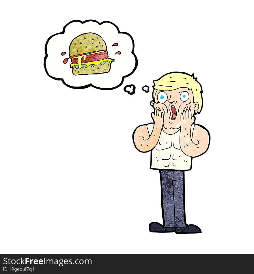 cartoon shocked man thinking about junk food