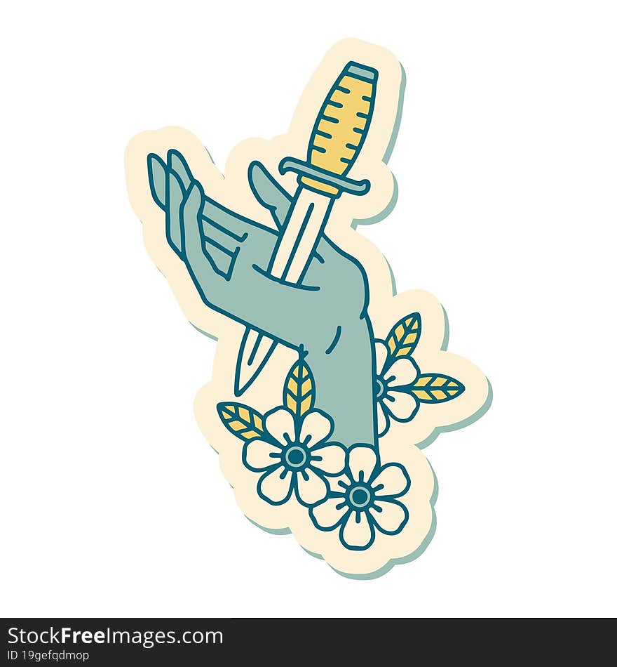 sticker of tattoo in traditional style of a dagger in the hand. sticker of tattoo in traditional style of a dagger in the hand