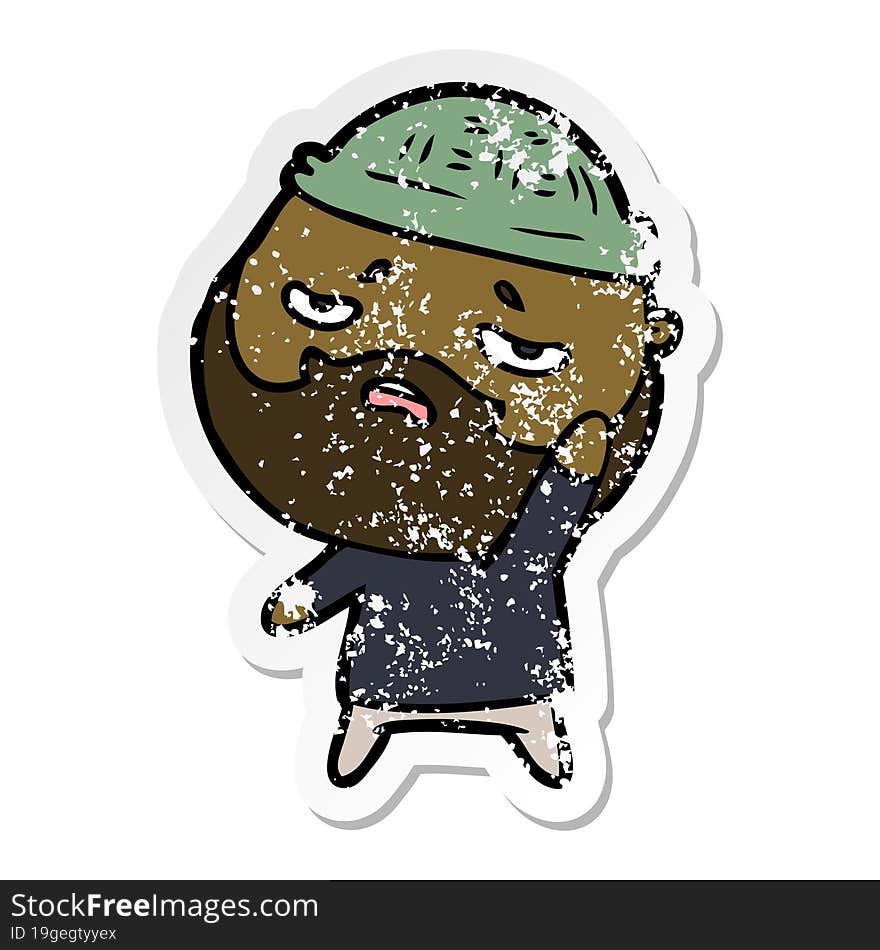 distressed sticker of a cartoon worried man with beard