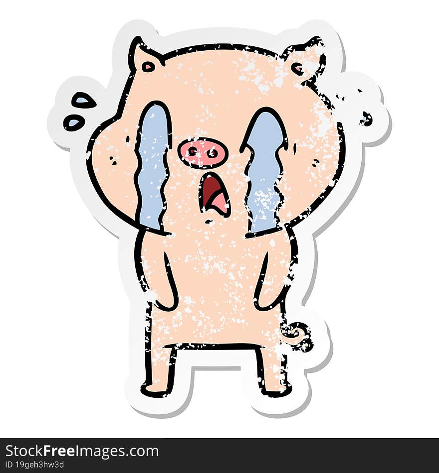 distressed sticker of a crying pig cartoon
