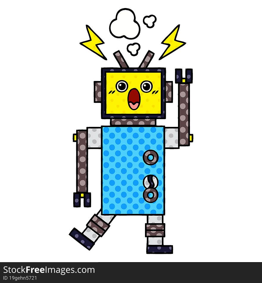 comic book style cartoon of a malfunctioning robot