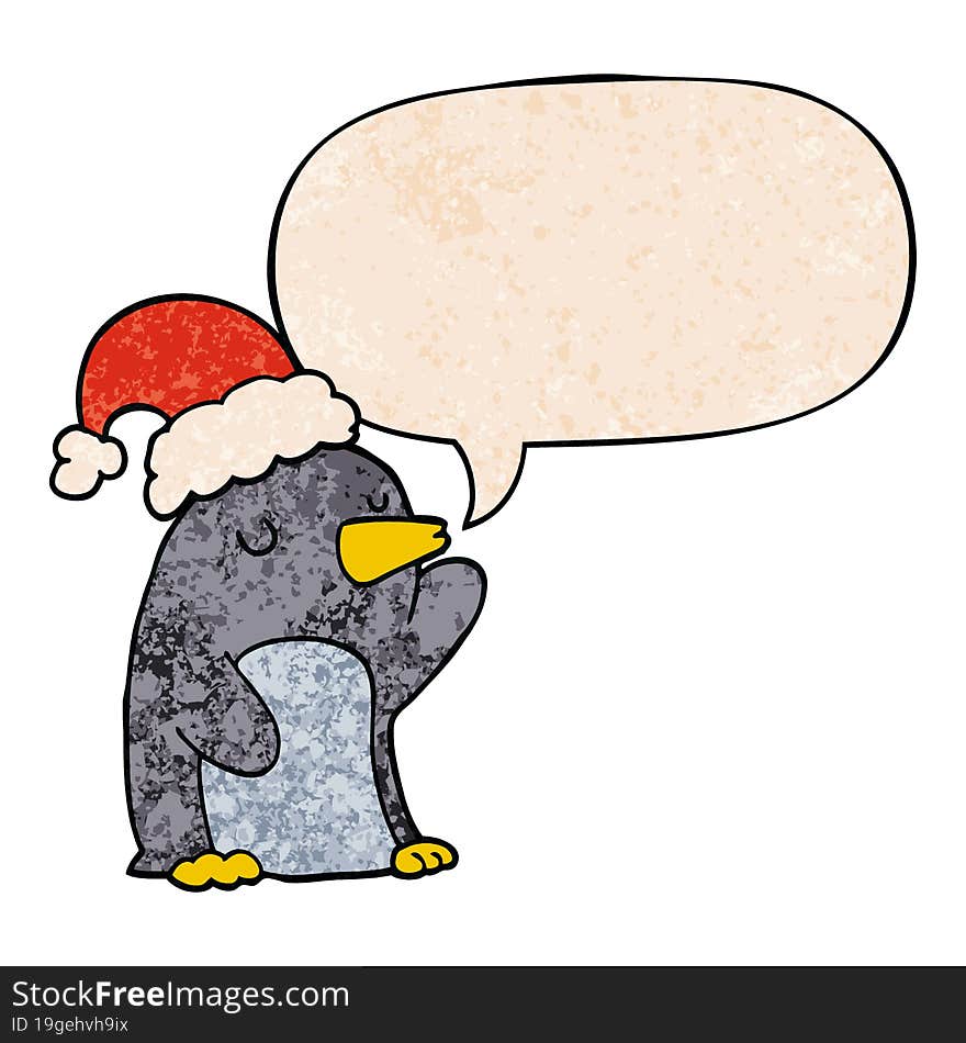 cute cartoon christmas penguin and speech bubble in retro texture style