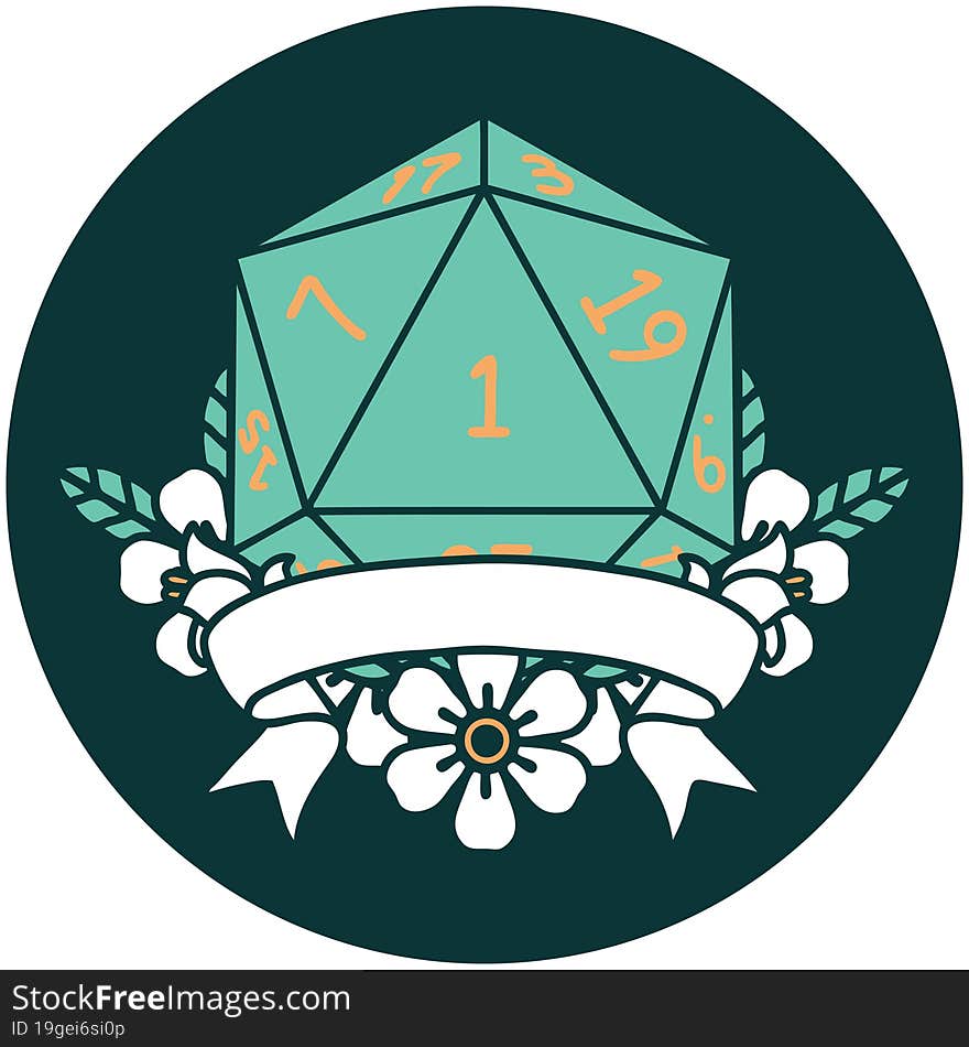 icon of natural one d20 dice roll. icon of natural one d20 dice roll