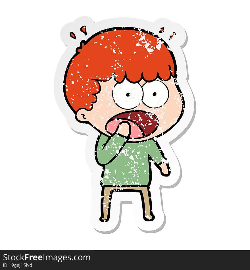 distressed sticker of a cartoon shocked man