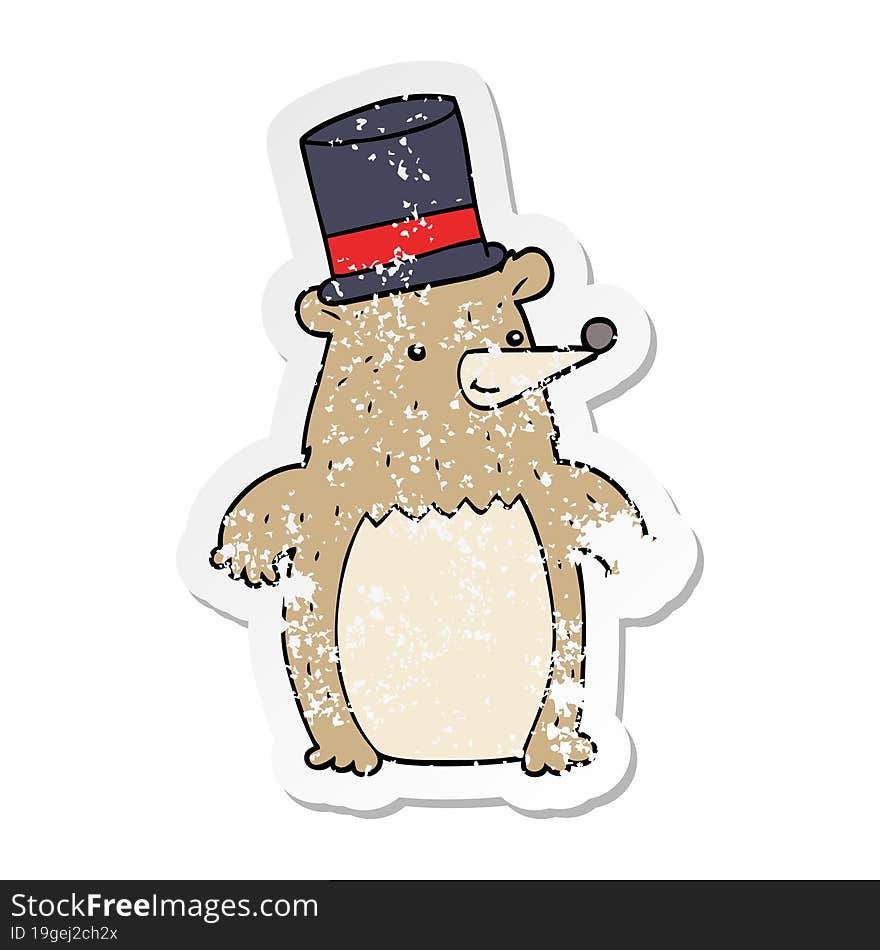 distressed sticker of a cartoon bear in top hat