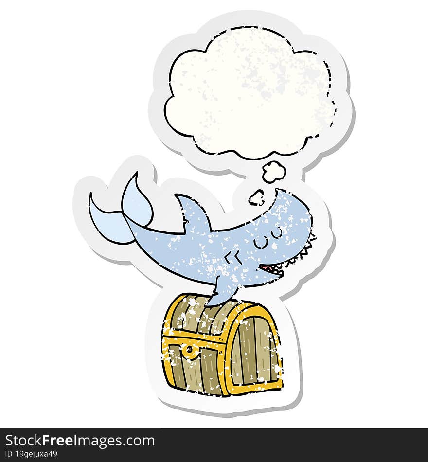 cartoon shark swimming over treasure chest with thought bubble as a distressed worn sticker