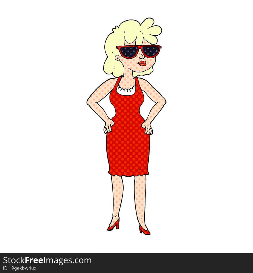 freehand drawn comic book style cartoon woman wearing sunglasses