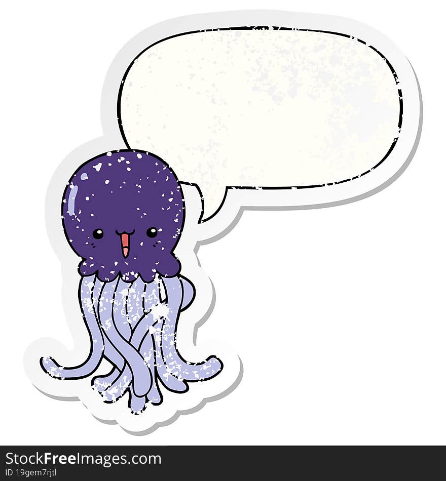 cartoon jellyfish and speech bubble distressed sticker