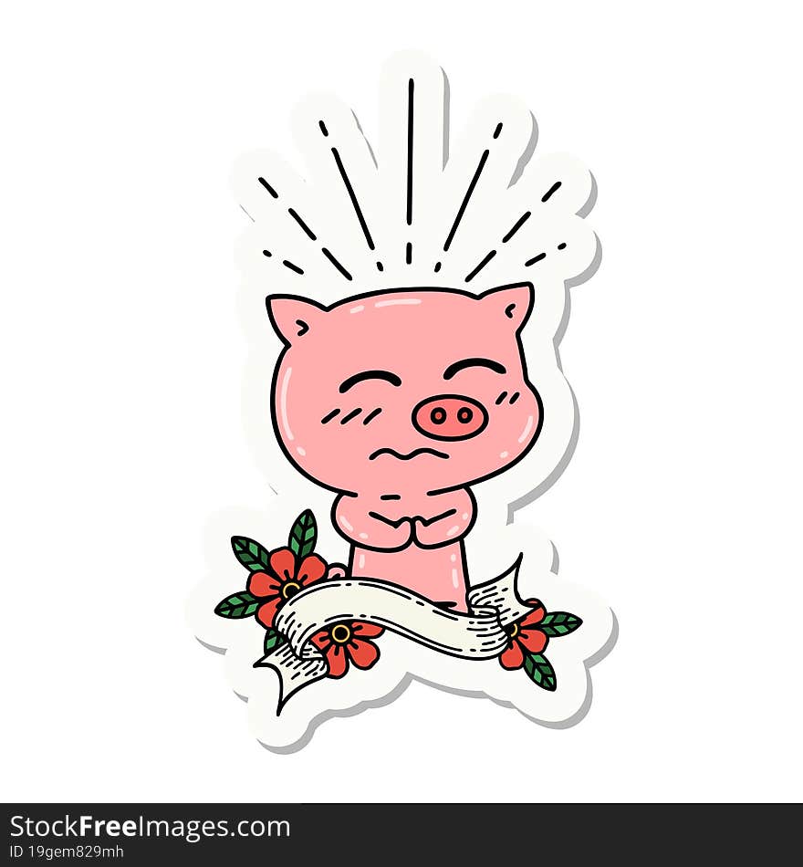 sticker of tattoo style nervous pig character