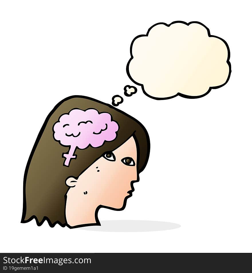 cartoon female head with brain symbol with thought bubble