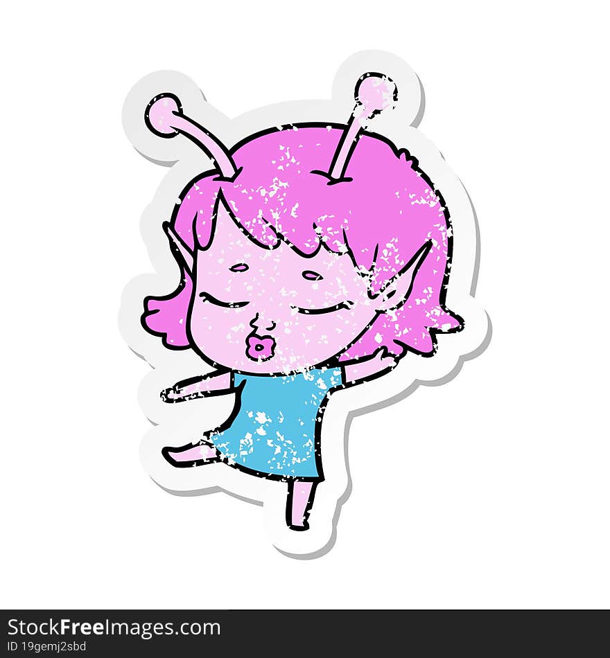 distressed sticker of a cute alien girl cartoon