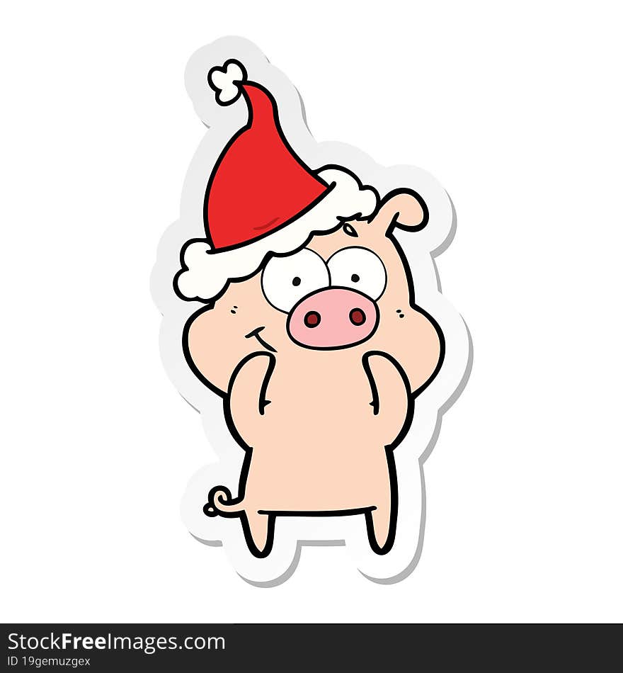 happy sticker cartoon of a pig wearing santa hat