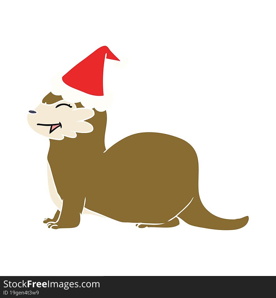 Laughing Otter Flat Color Illustration Of A Wearing Santa Hat