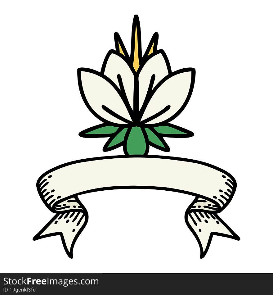 traditional tattoo with banner of a water lily