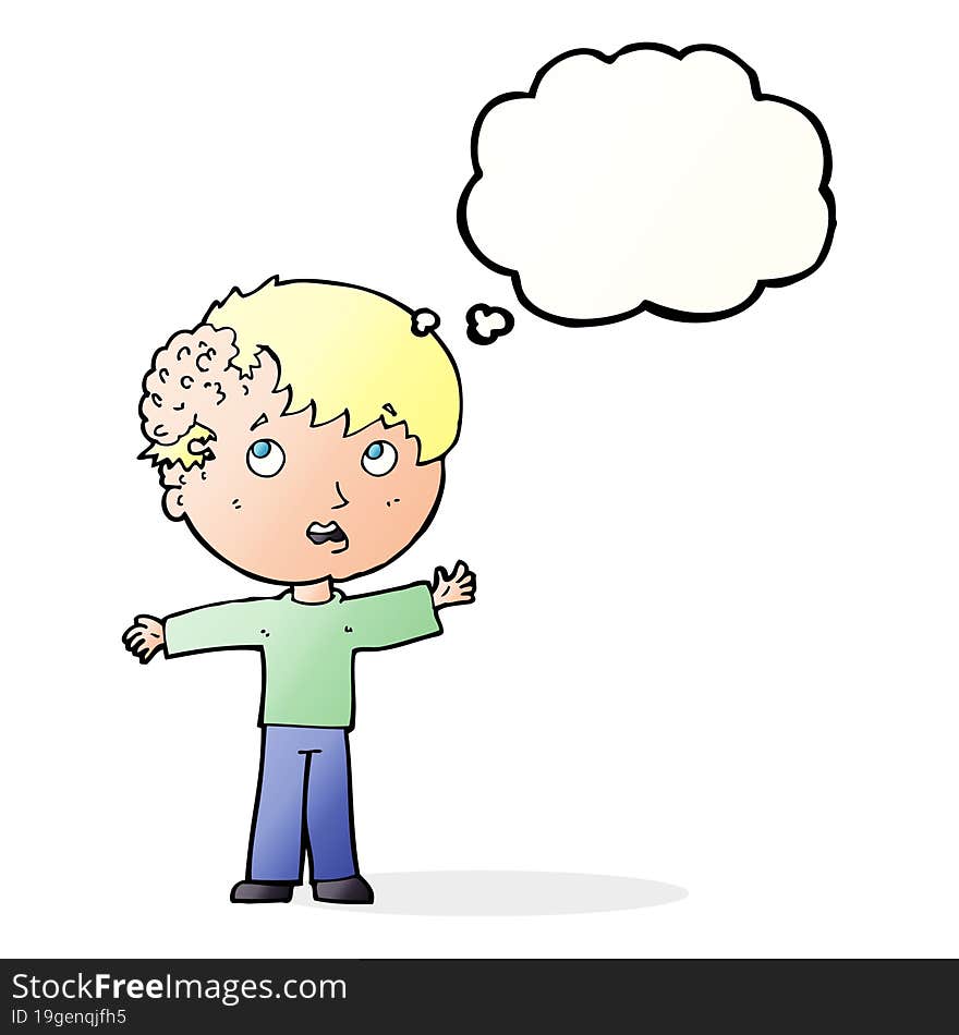 Cartoon Boy With Growth On Head With Thought Bubble