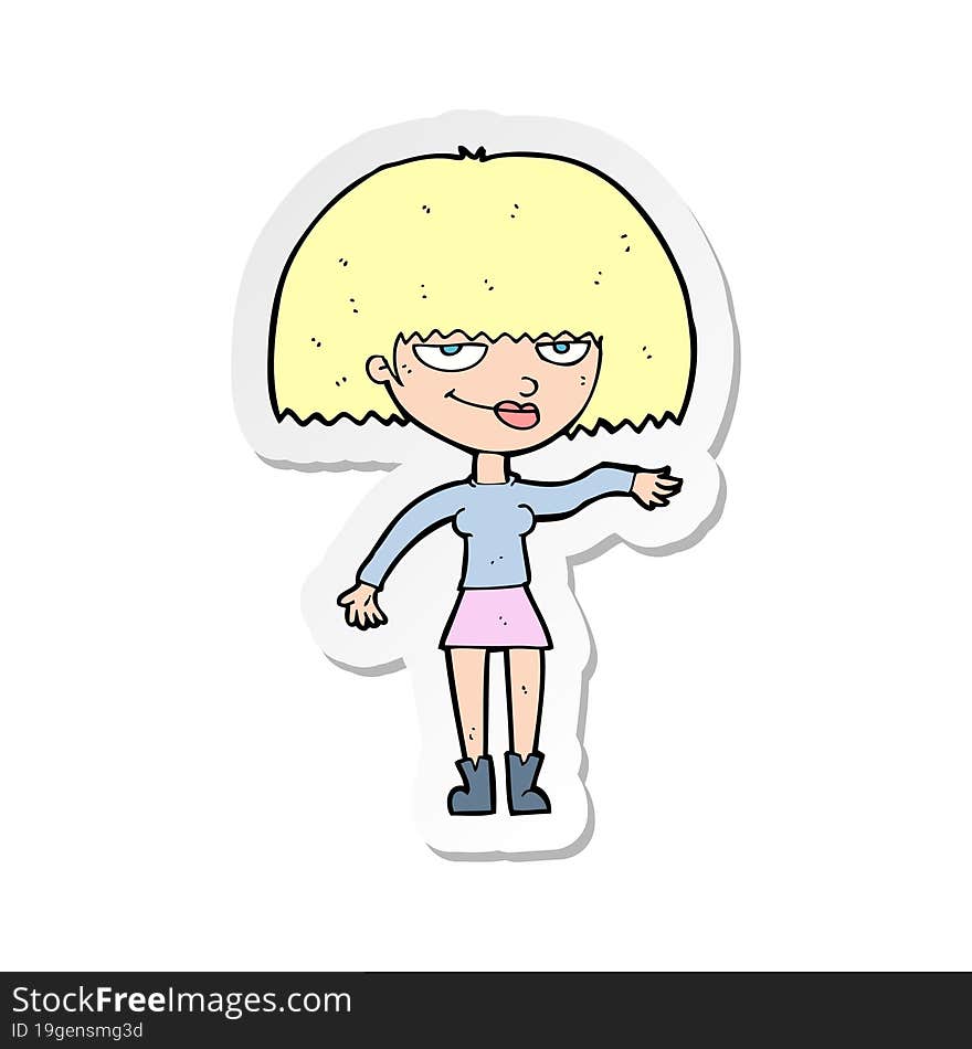 sticker of a cartoon smug woman making dismissive gesture