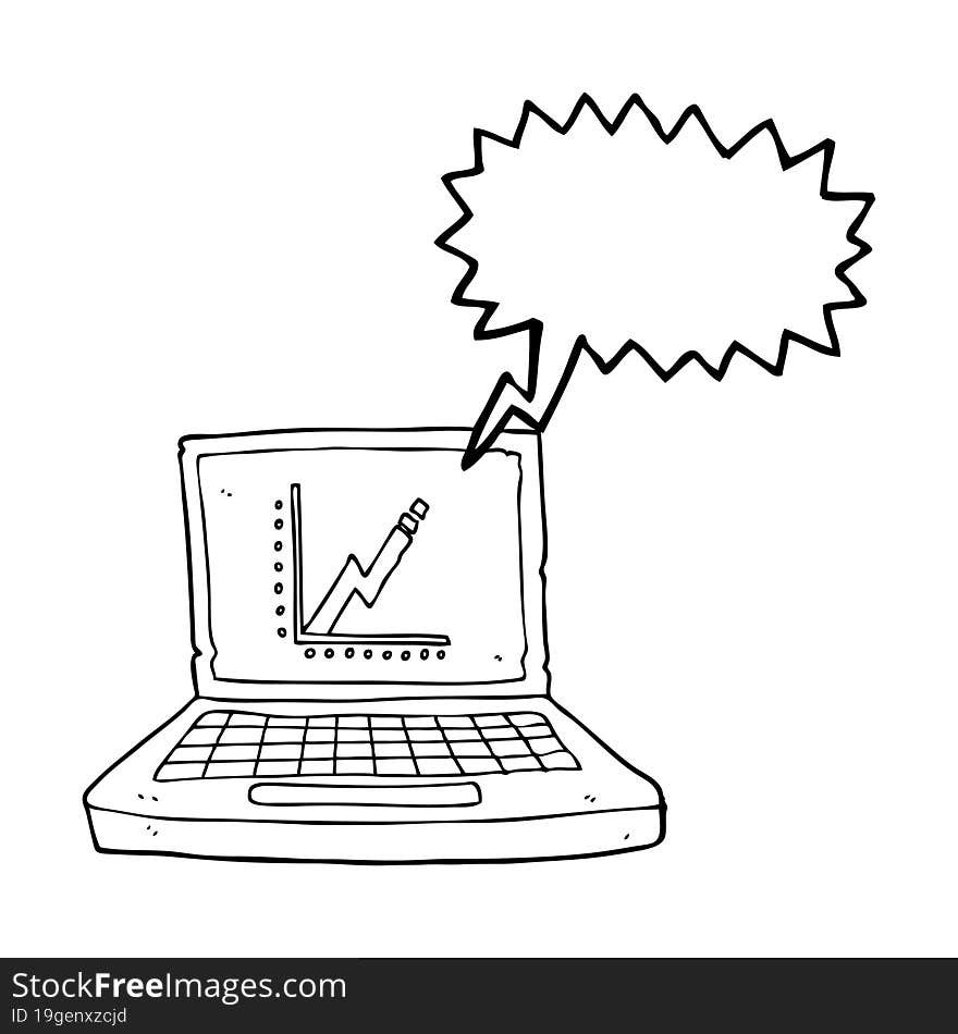 freehand drawn speech bubble cartoon laptop computer with business graph