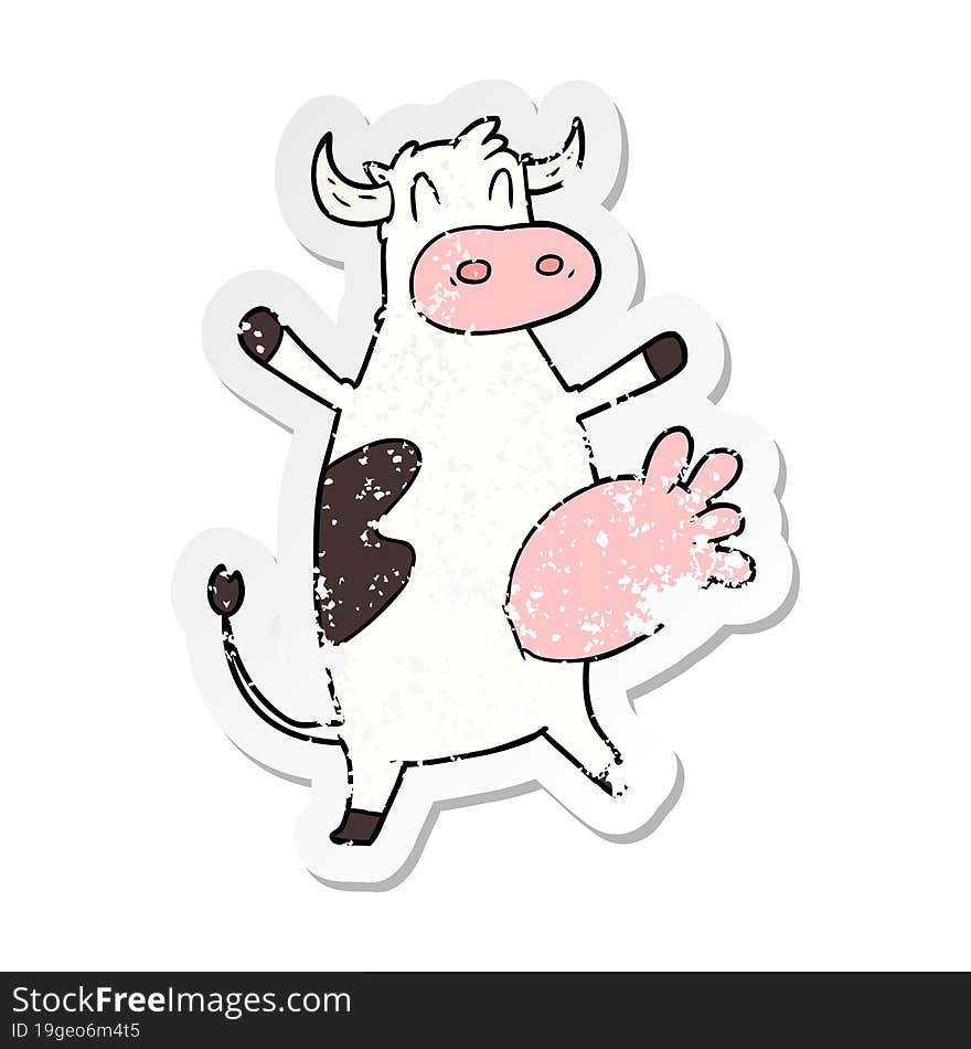 distressed sticker of a cartoon cow swinging udder