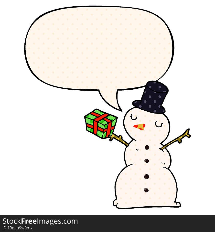 cartoon snowman and speech bubble in comic book style