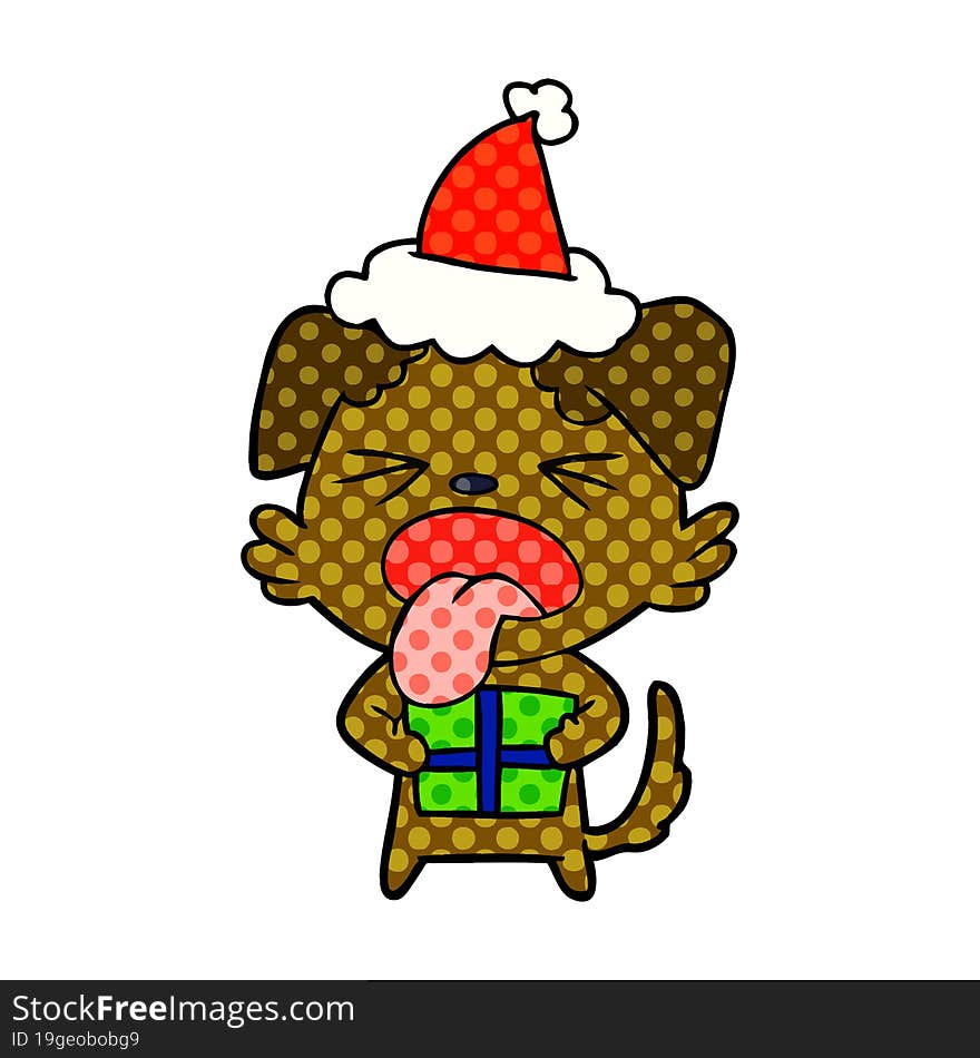 comic book style illustration of a dog with christmas present wearing santa hat