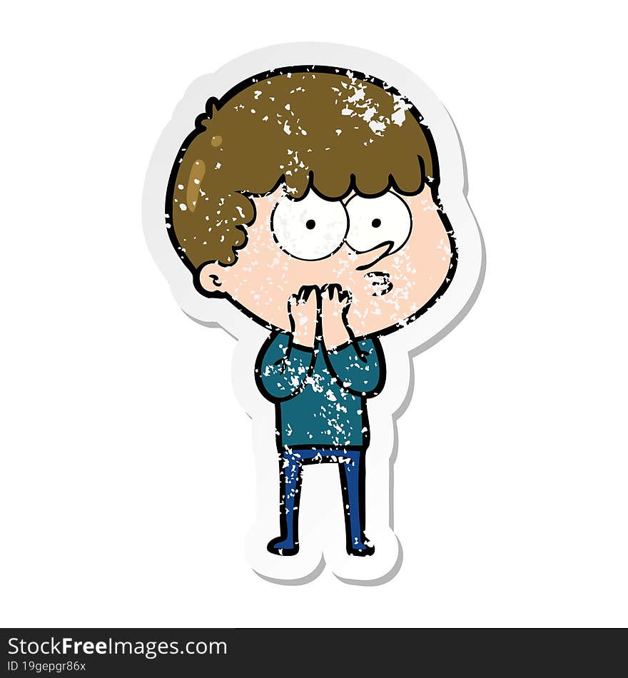 distressed sticker of a cartoon curious boy