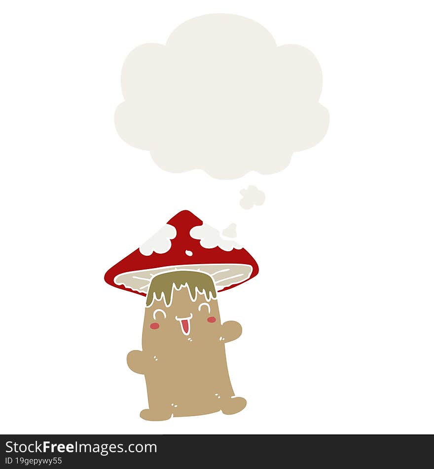 cartoon mushroom character and thought bubble in retro style