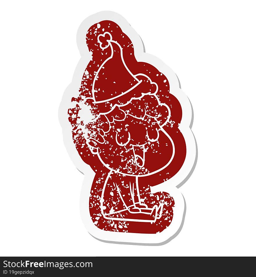 laughing cartoon distressed sticker of a man wearing santa hat