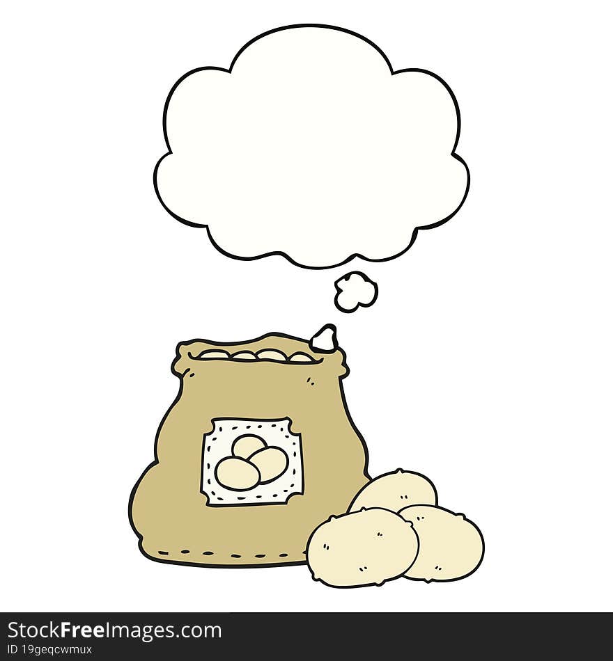 cartoon bag of potatoes with thought bubble. cartoon bag of potatoes with thought bubble