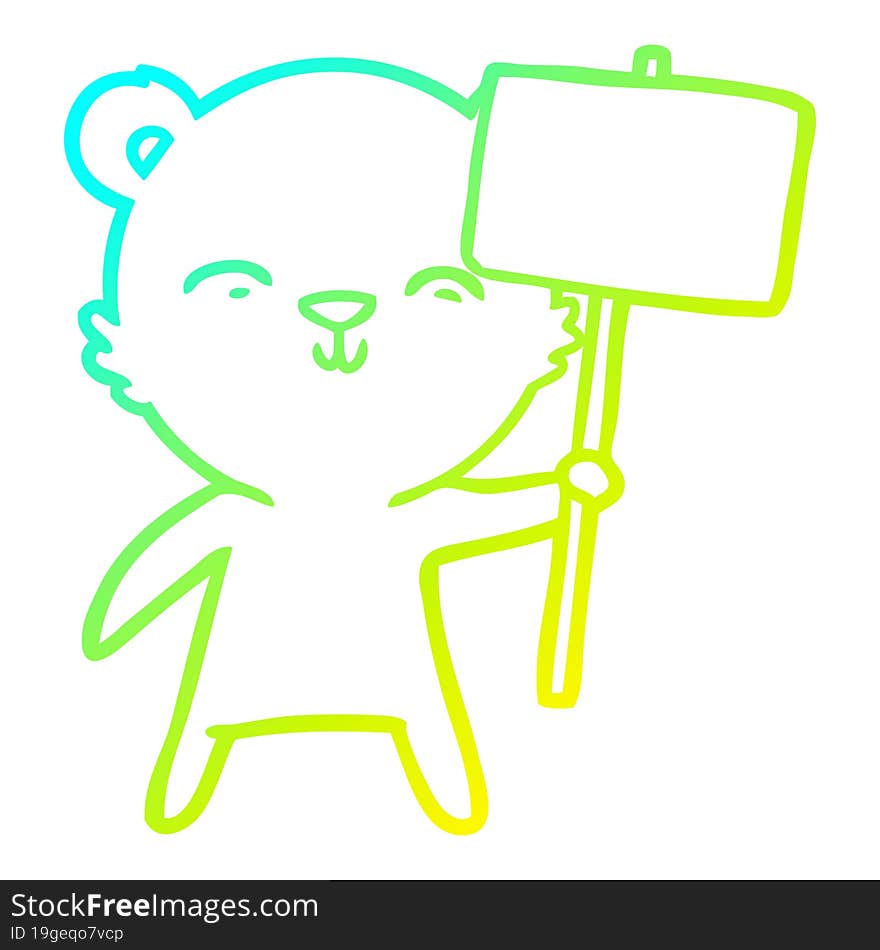 cold gradient line drawing happy cartoon bear with sign