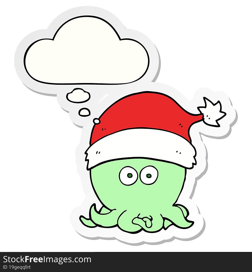 cartoon octopus wearing christmas hat and thought bubble as a printed sticker