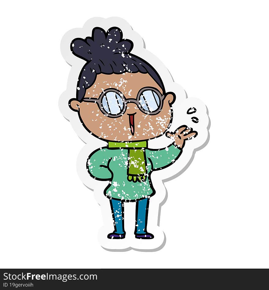 distressed sticker of a cartoon woman wearing spectacles