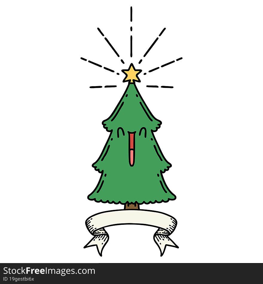 banner with tattoo style christmas tree with star