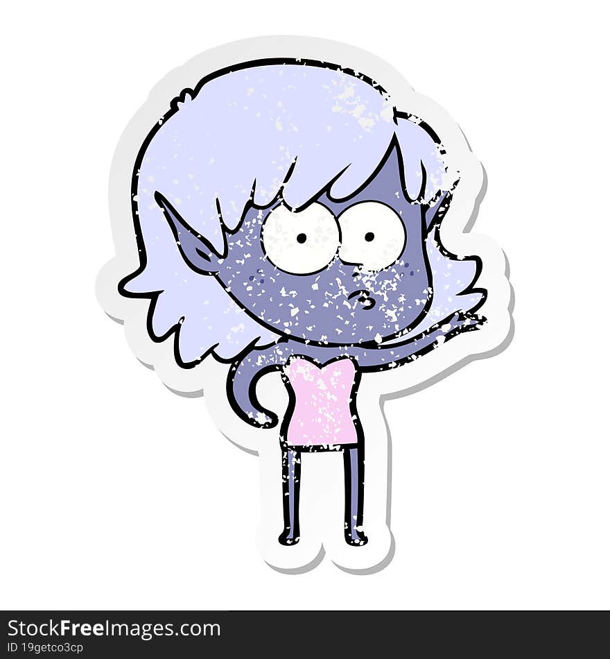 Distressed Sticker Of A Cartoon Shocked Elf Girl