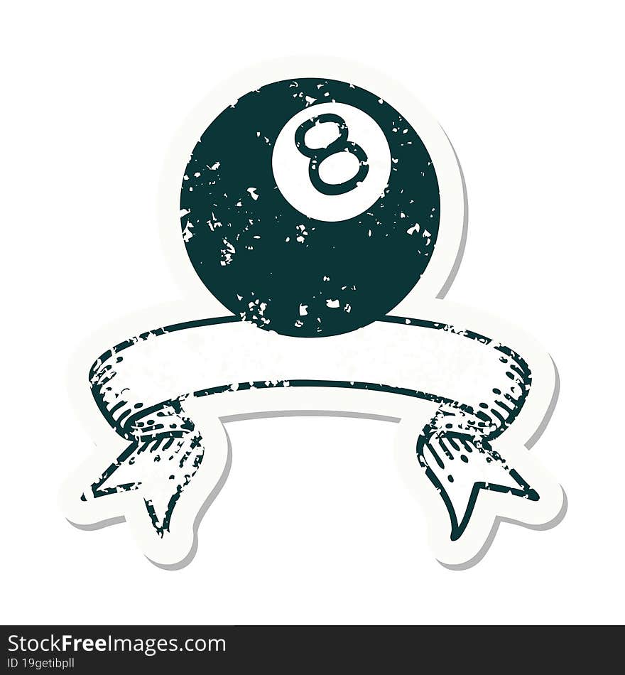 grunge sticker with banner of a 8 ball