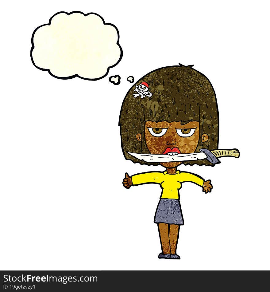 Cartoon Woman With Knife Between Teeth With Thought Bubble