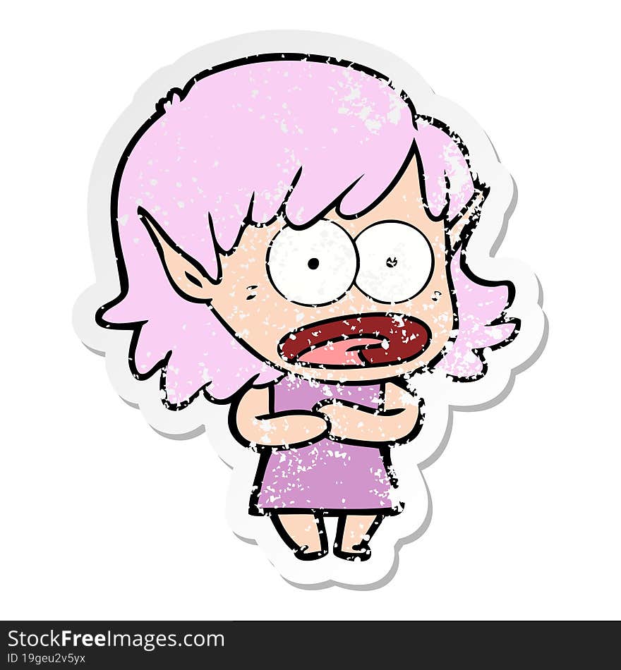 distressed sticker of a cartoon shocked elf girl