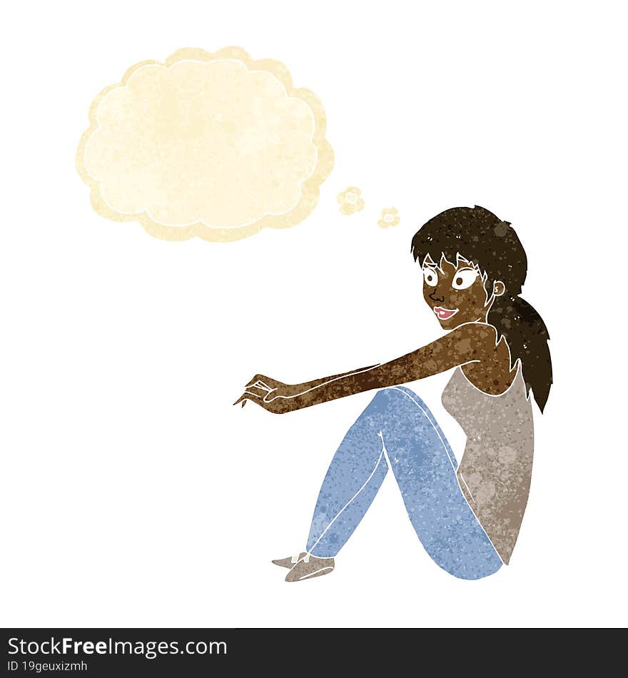 cartoon happy woman sitting with thought bubble