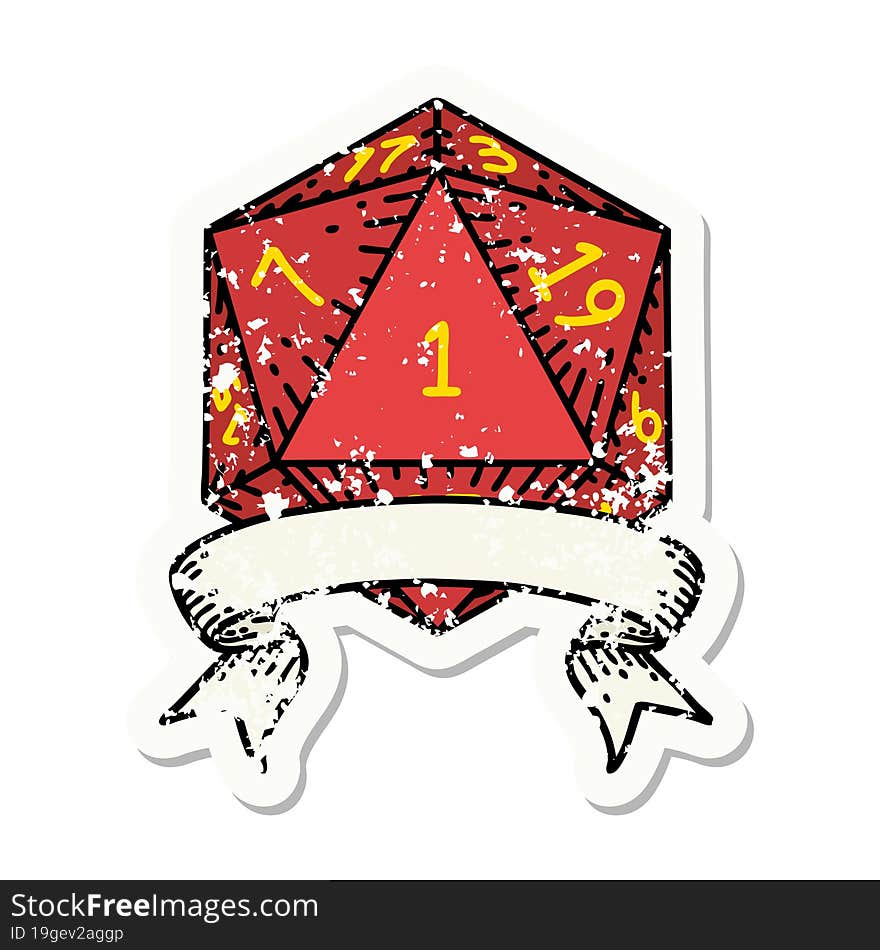 grunge sticker of a natural one d20 dice roll. grunge sticker of a natural one d20 dice roll