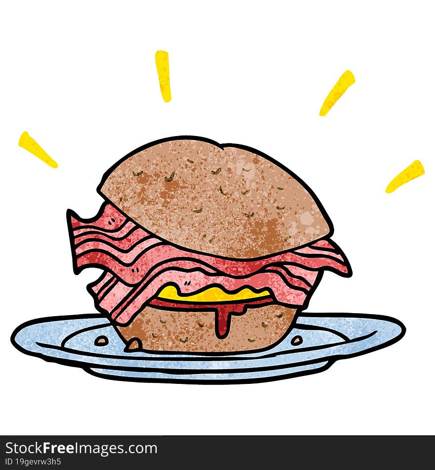 cartoon amazingly tasty bacon breakfast sandwich with cheese. cartoon amazingly tasty bacon breakfast sandwich with cheese