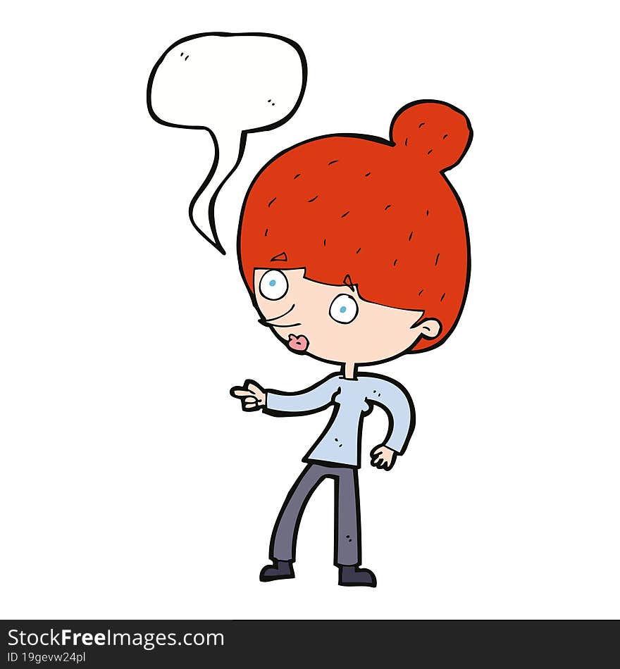 cartoon woman pointing with speech bubble