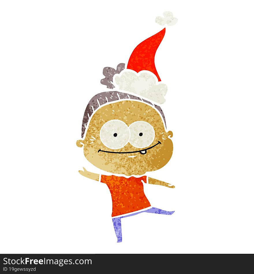 retro cartoon of a happy old woman wearing santa hat